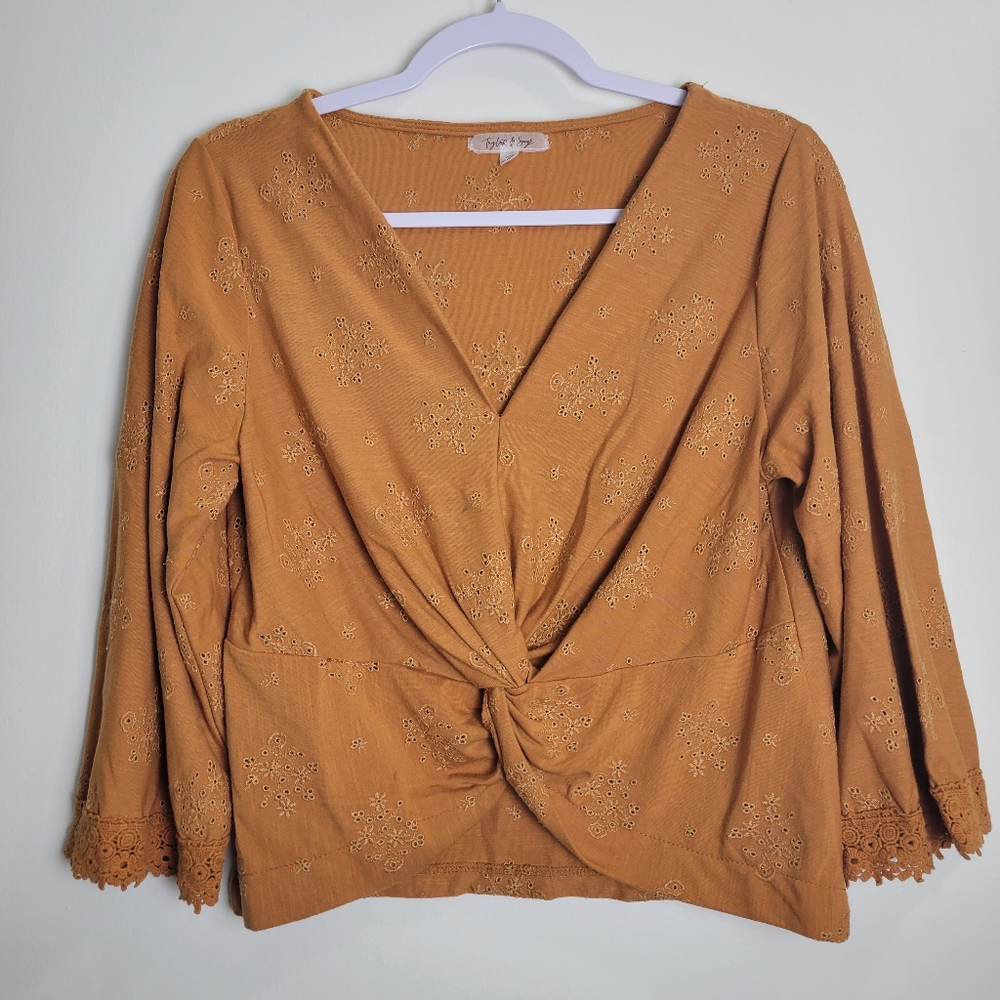 Tayler&Sage Boho Artsy Mustard Yellow Eyelet Front Knot Cropped 3/4 Sleeves M
